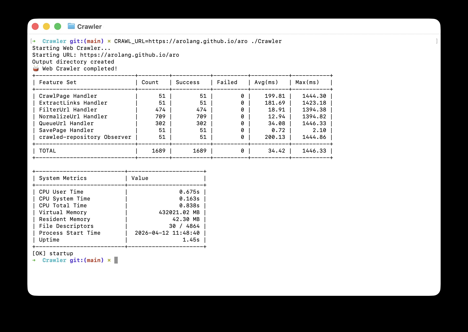 ARO Web Crawler terminal output screenshot
