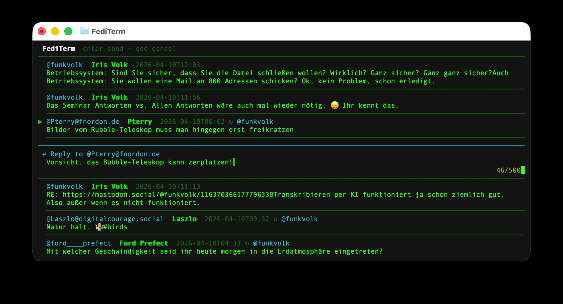 FediTerm Mastodon terminal client screenshot