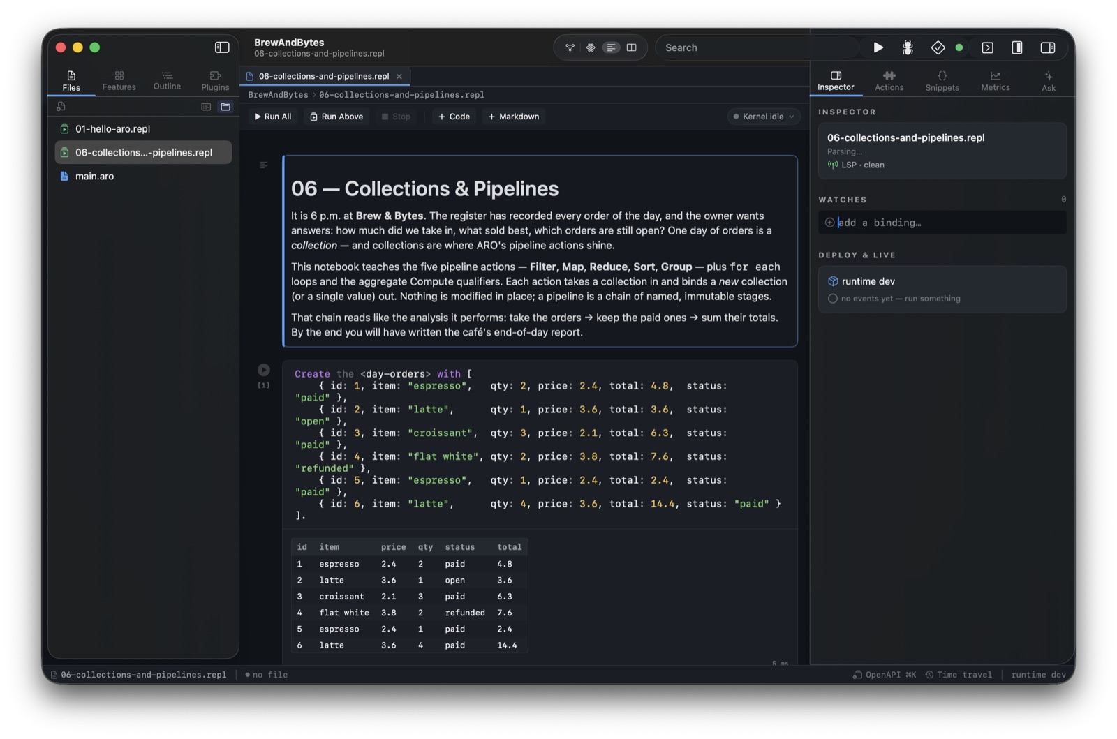 Solaro's notebook editor showing the Collections and Pipelines notebook with a rendered markdown cell, a highlighted ARO code cell, and a native table output
