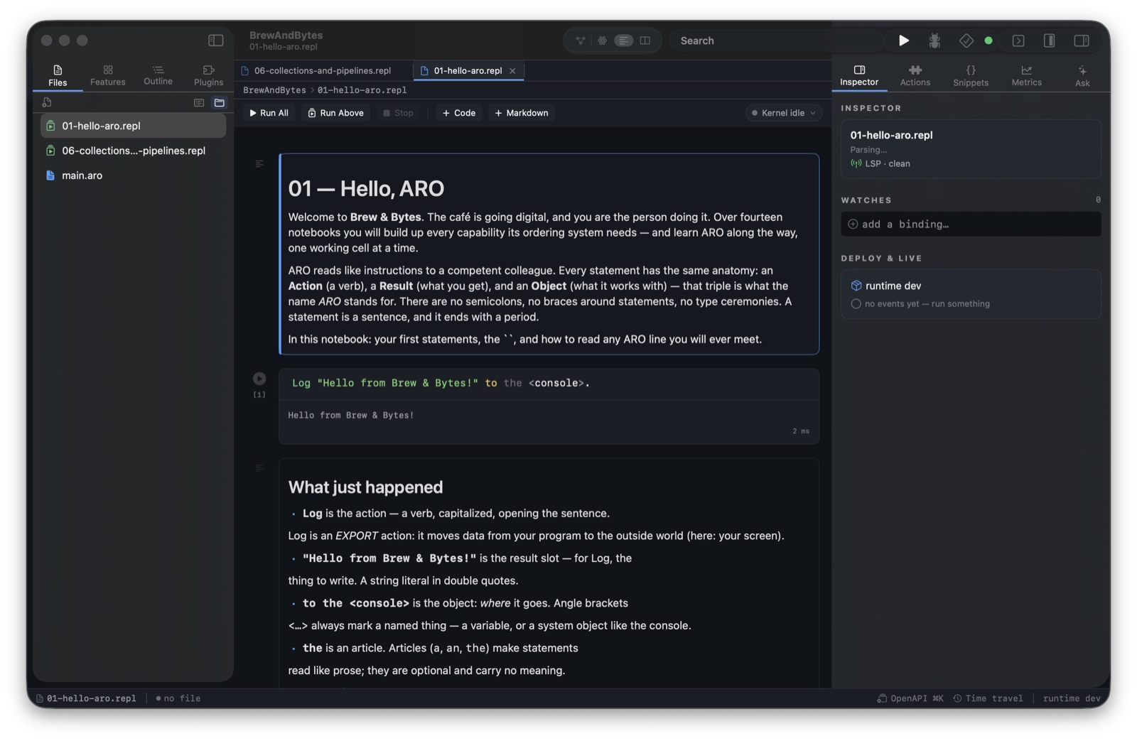 Solaro notebook editor showing the Hello ARO learning notebook with an executed Log cell and its output