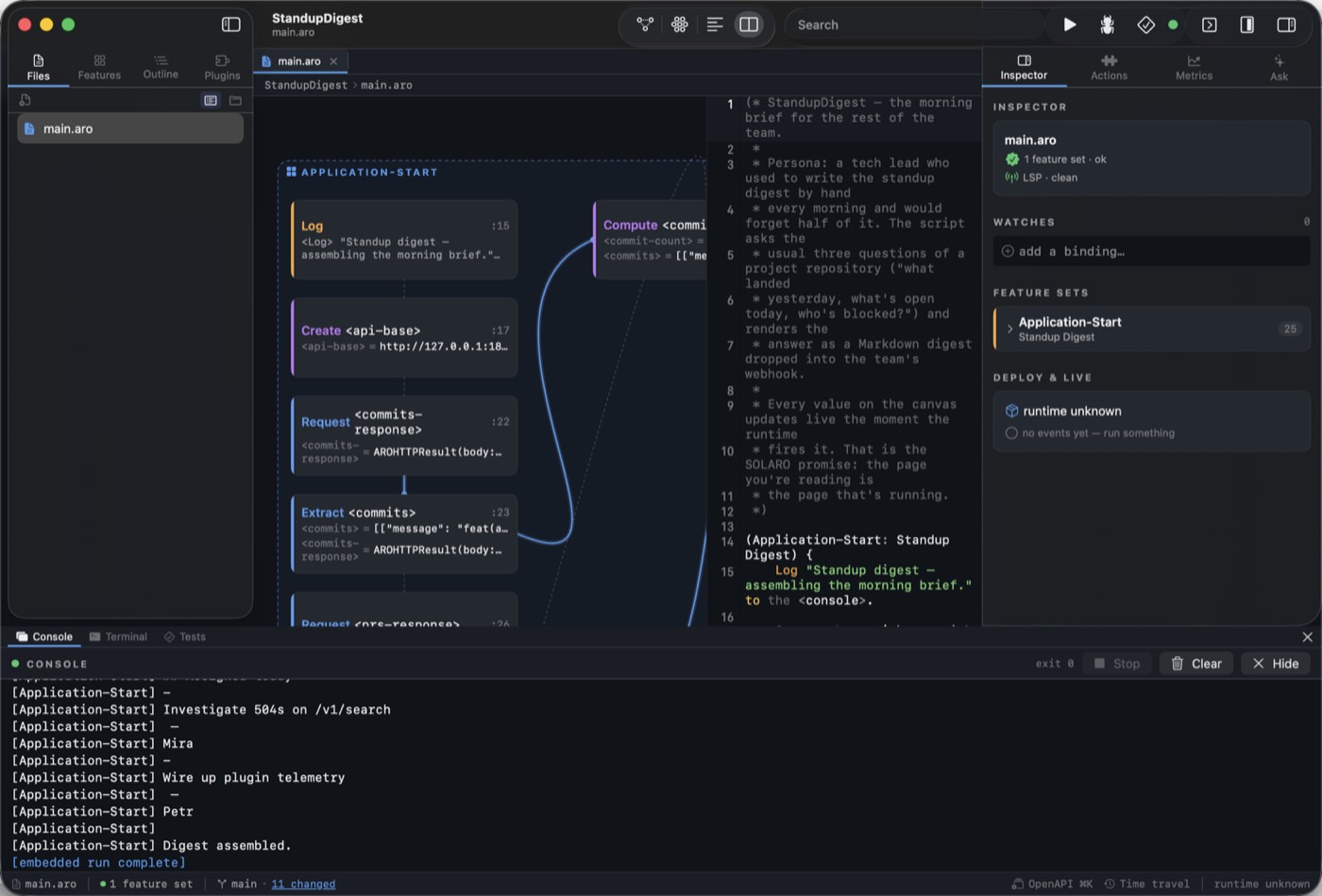 Solaro in split mode with the canvas on one side and the ARO source editor on the other, showing the same feature set in both