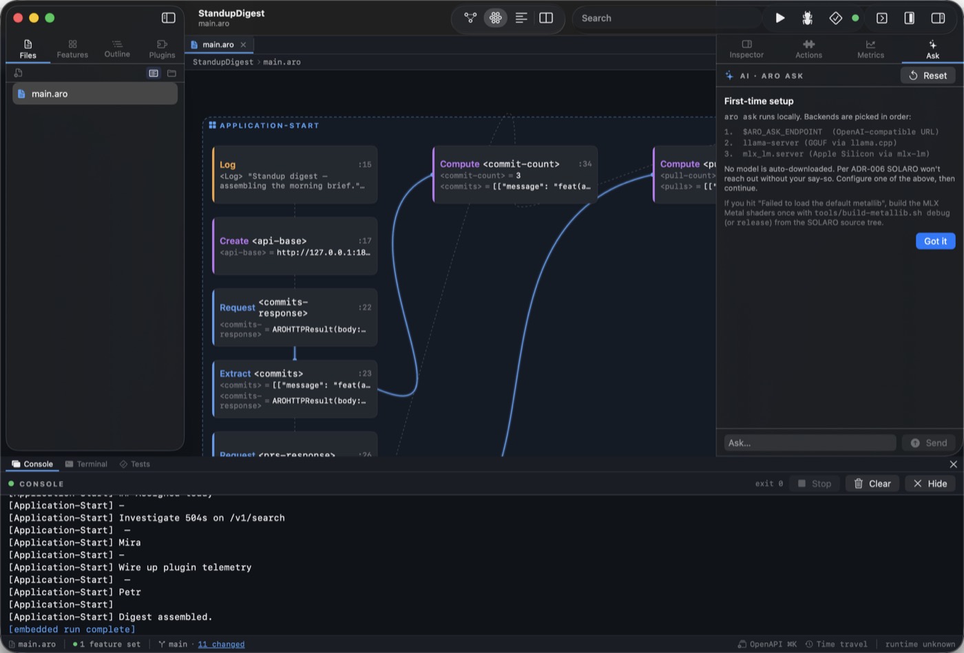 The Ask panel in Solaro's right rail showing its first-run setup card, which lists the backends aro ask will try in order before any prompt is sent
